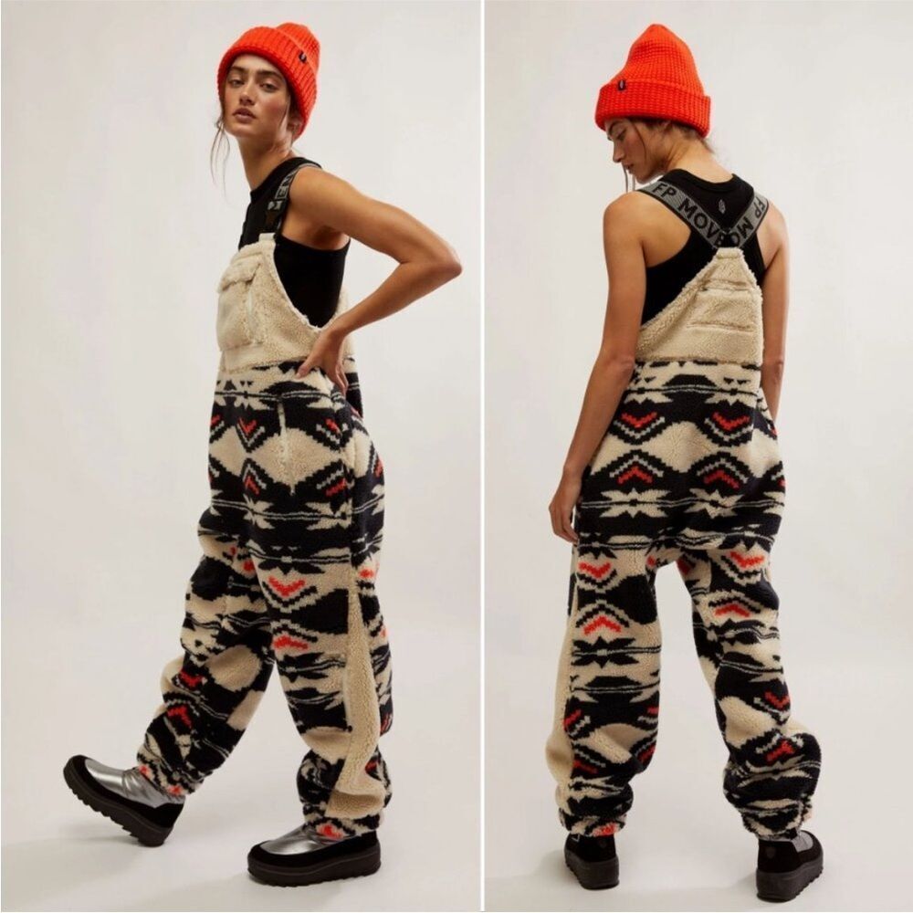 FREE PEOPLE Hit The Slopes Overalls Salopette Size Small Black Fair Isle Fleece - Picture 5 of 10